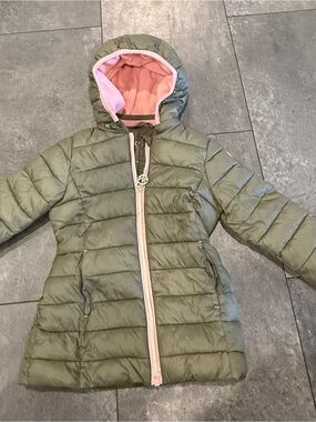 Girls 2T Olive Puffer Coat with Pink Trim